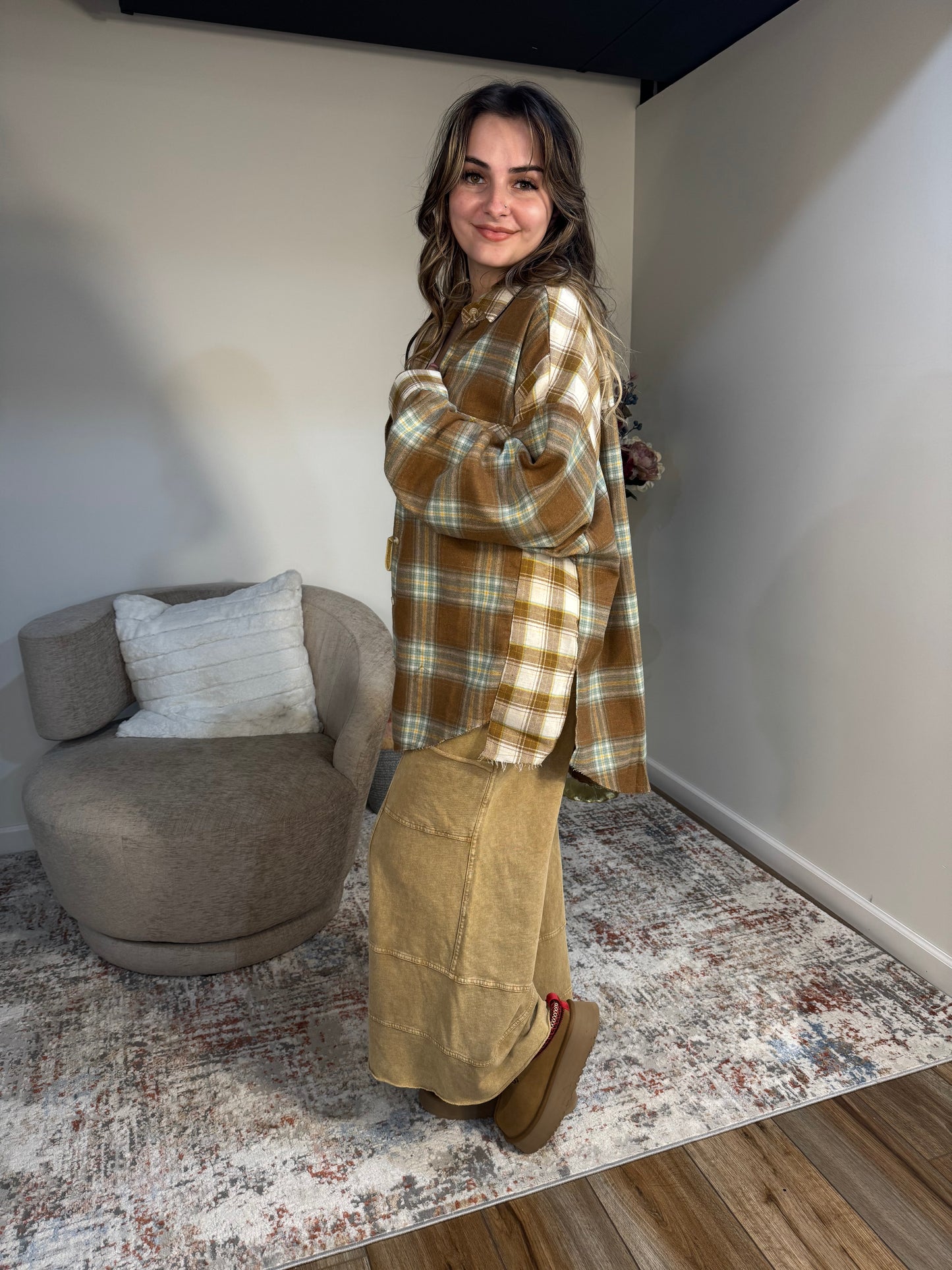 sage brown patchwork flannel shirt 