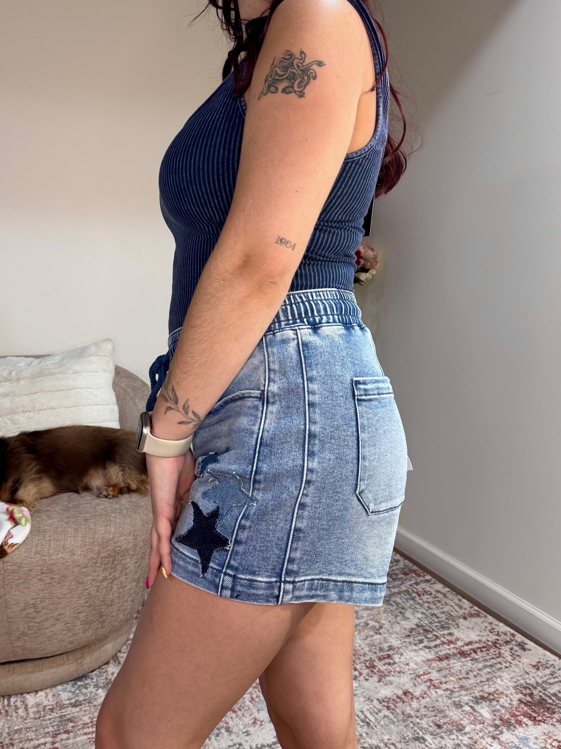 Slouchy denim shorts with star patch details and elastic drawstring waist
