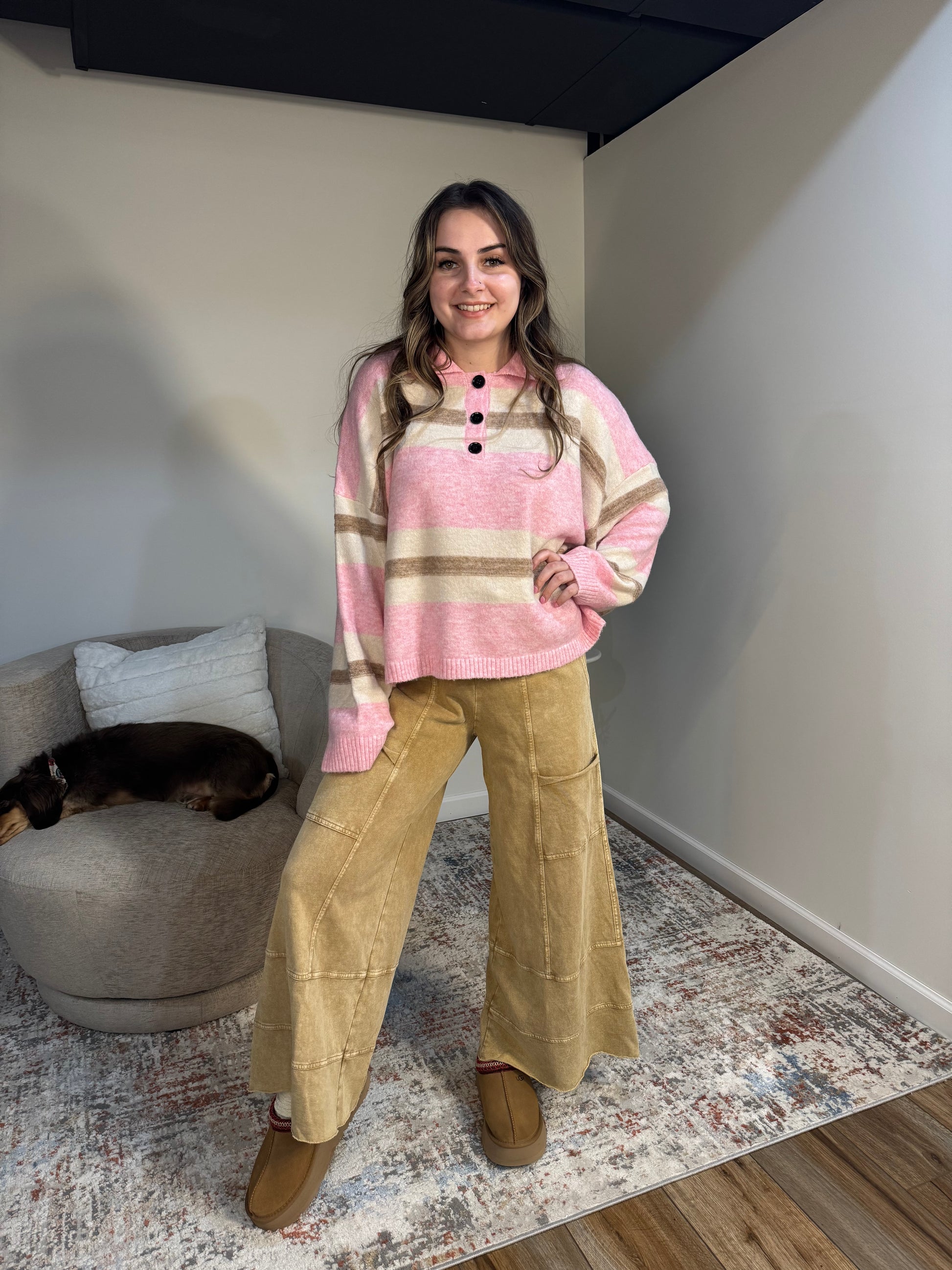 pink and brown Striped Rugby Sweater