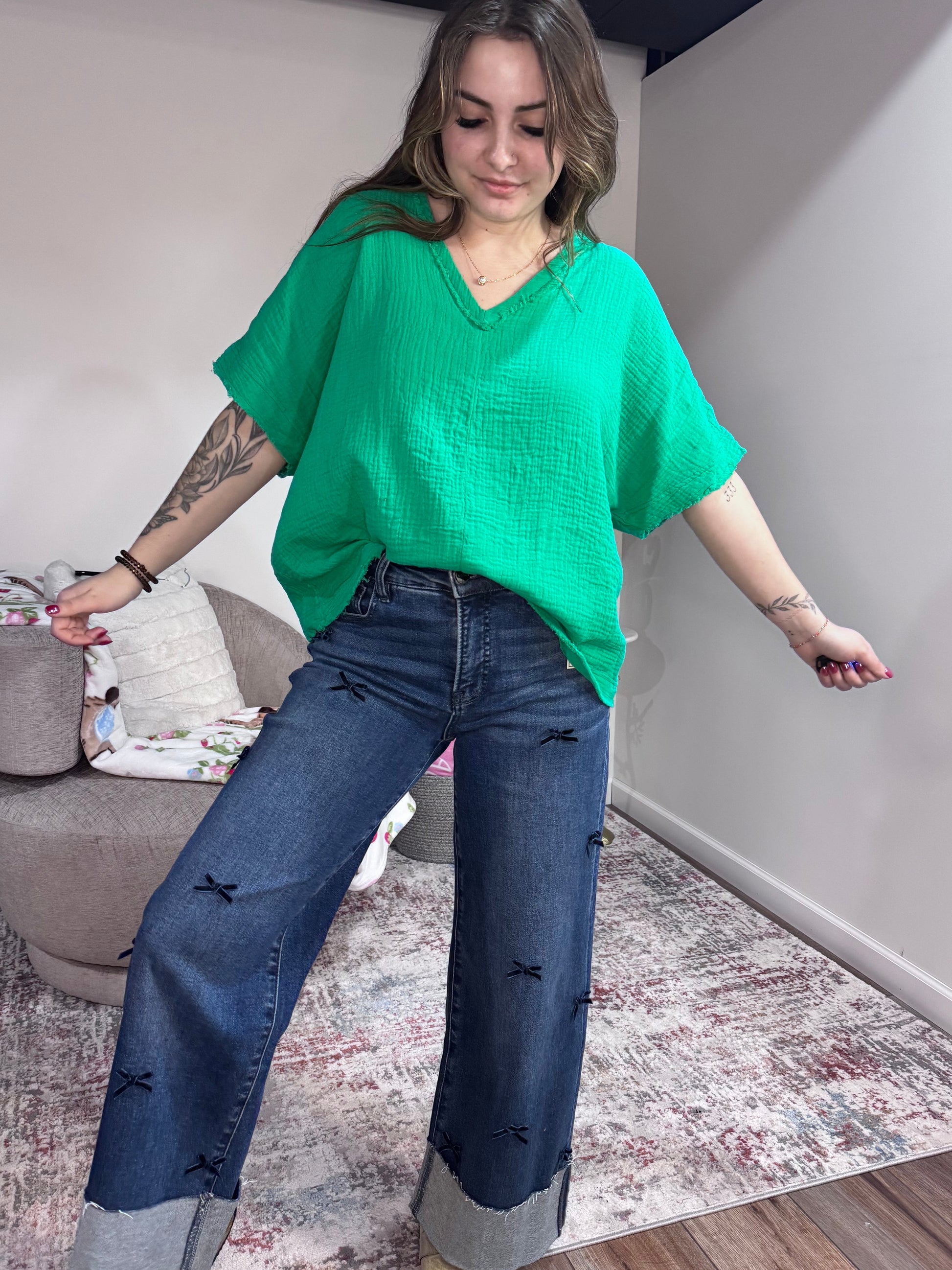kelly green cotton gauze tunic shirt women's spring fashion