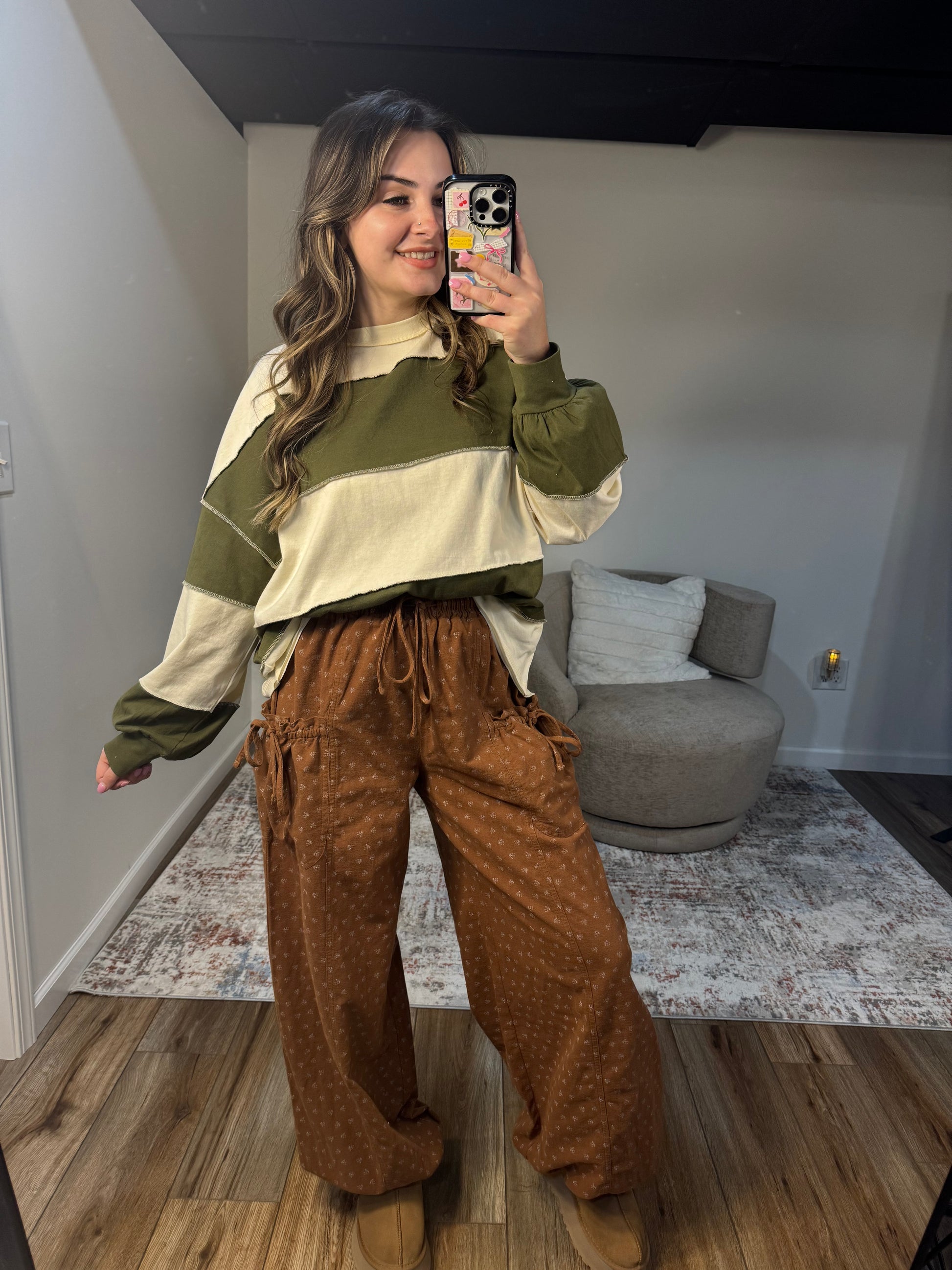 olive and cream striped rugby long sleeves contrast stitching panels