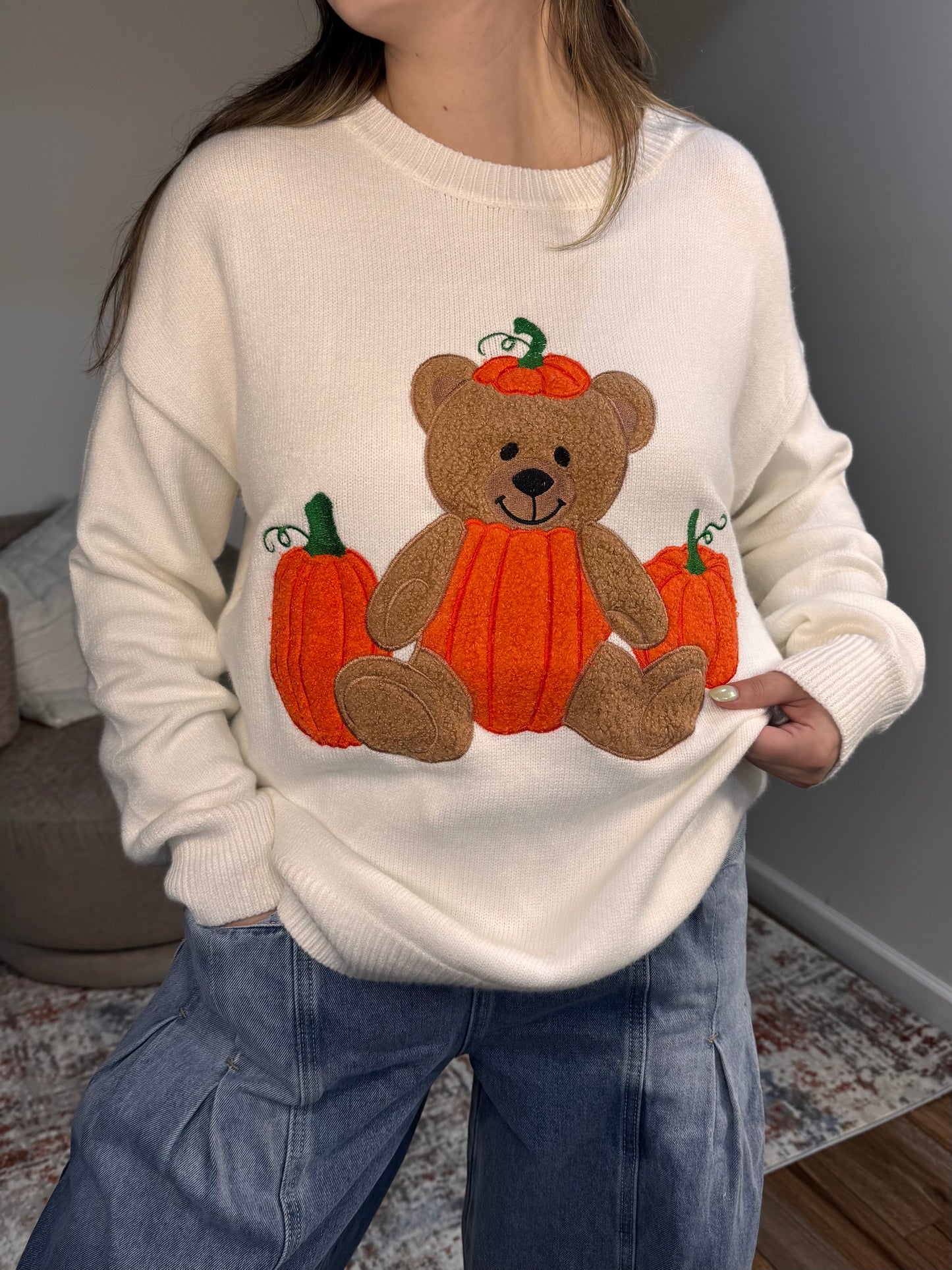 Teddy bear sherpa pumpkin patchwork sweater