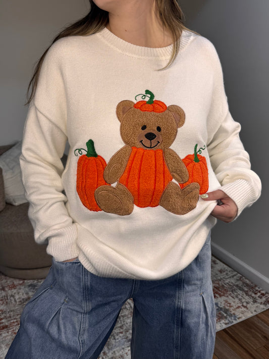 Teddy bear sherpa pumpkin patchwork sweater