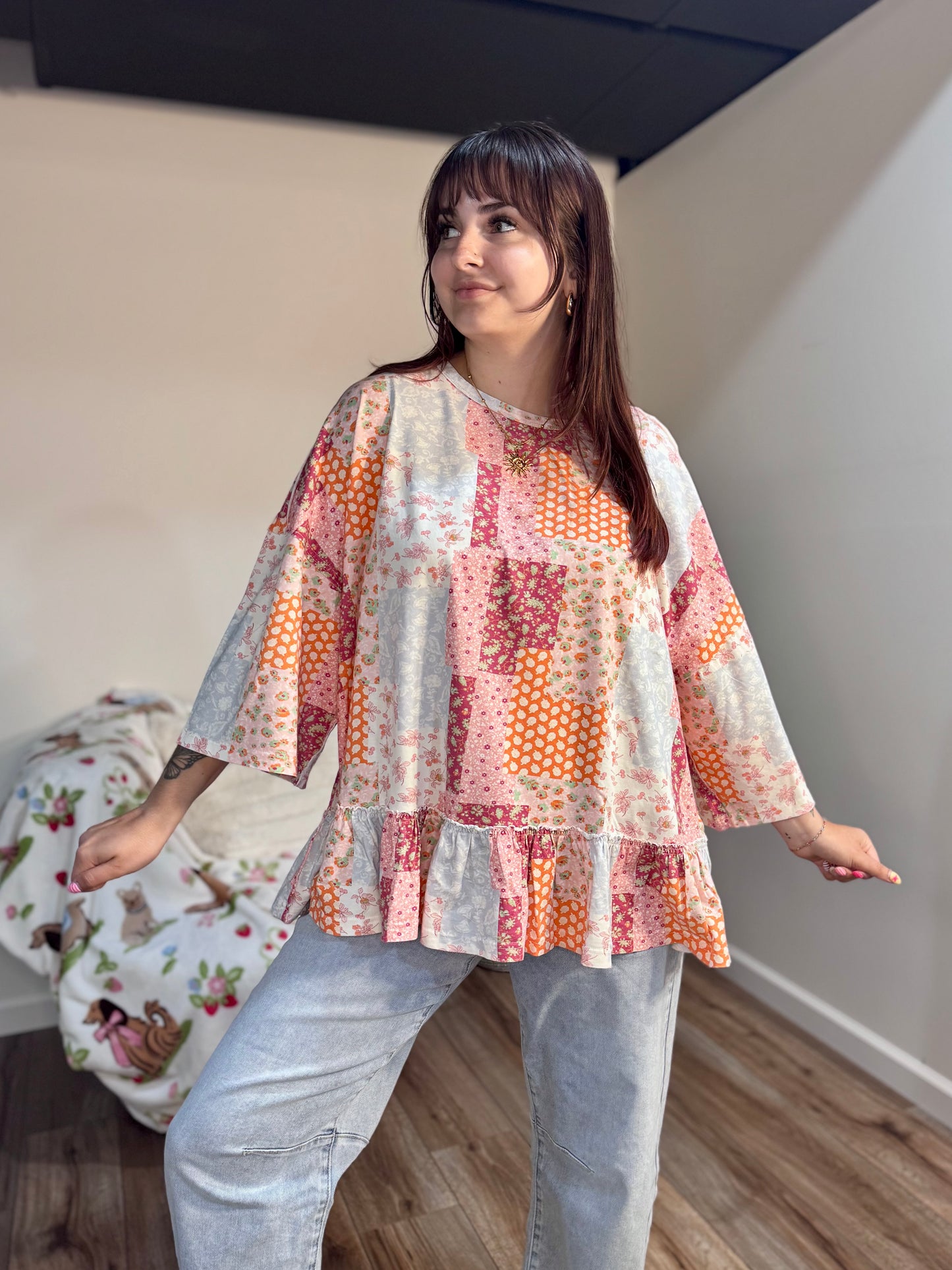 patchwork pattern easel cotton peplum top