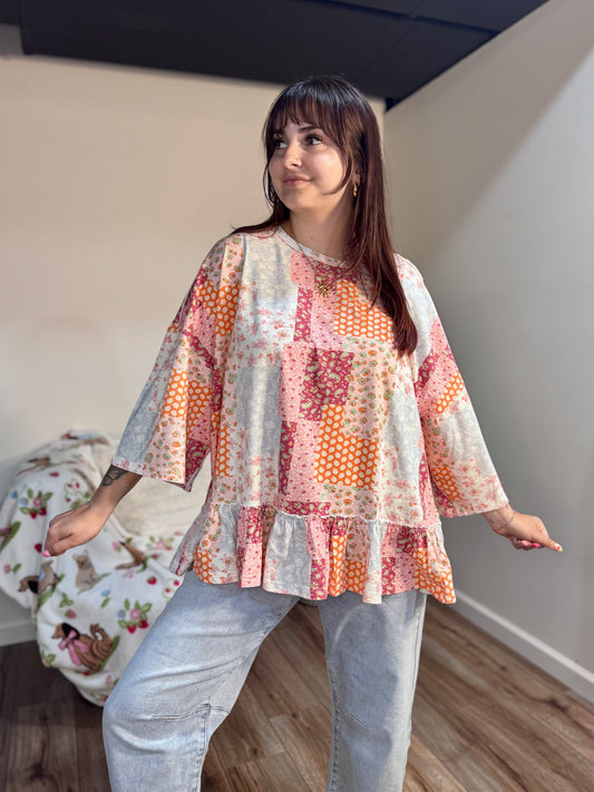 patchwork pattern easel cotton peplum top