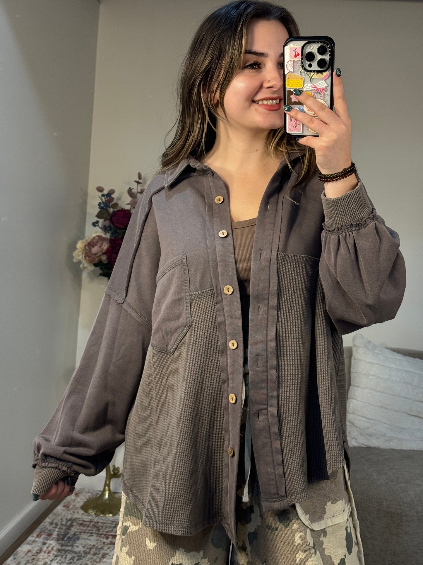 Judie Acid Wash Mixed Media Shacket