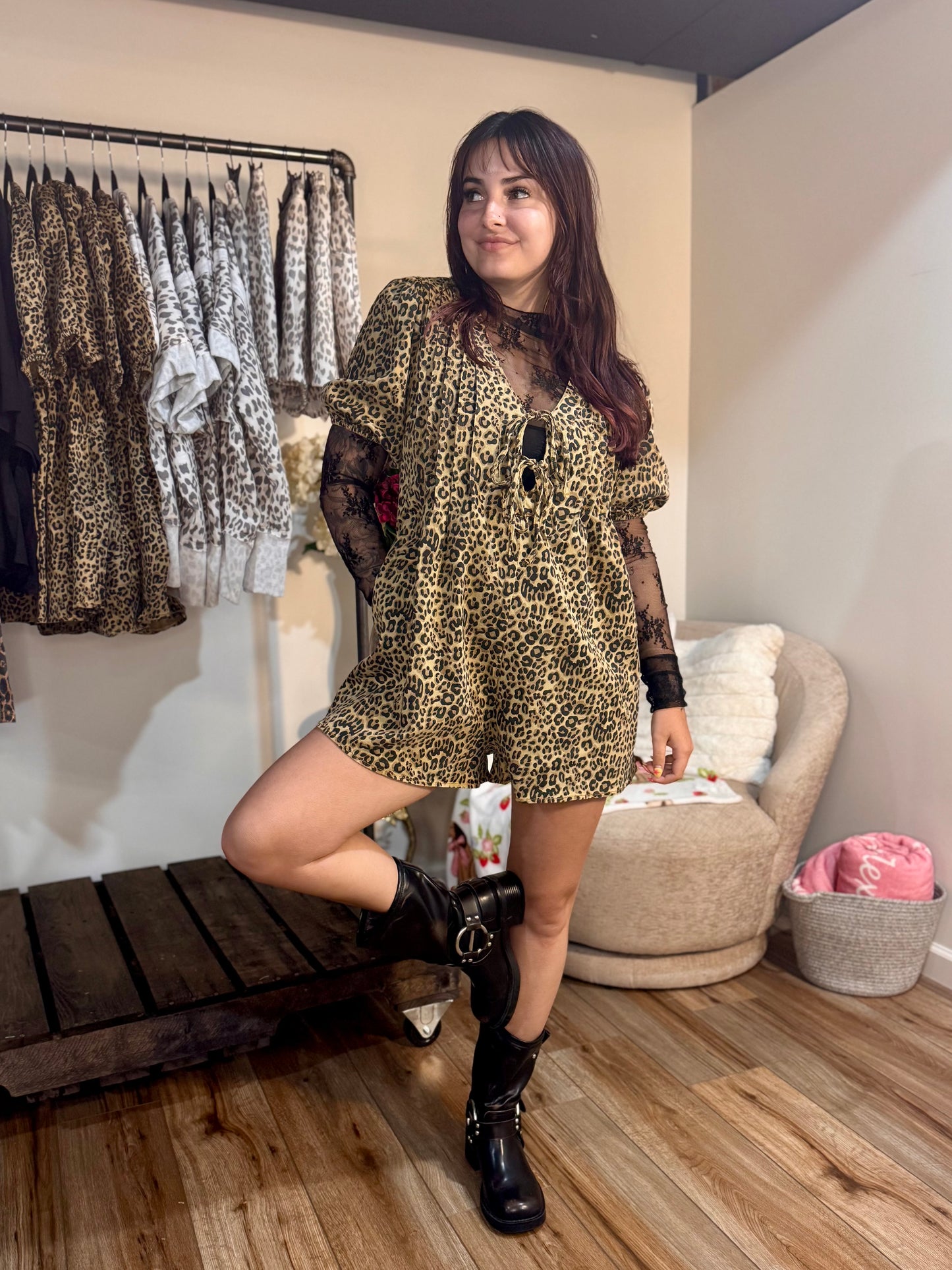 Leopard Print Denim Romper with Pleat and Tie