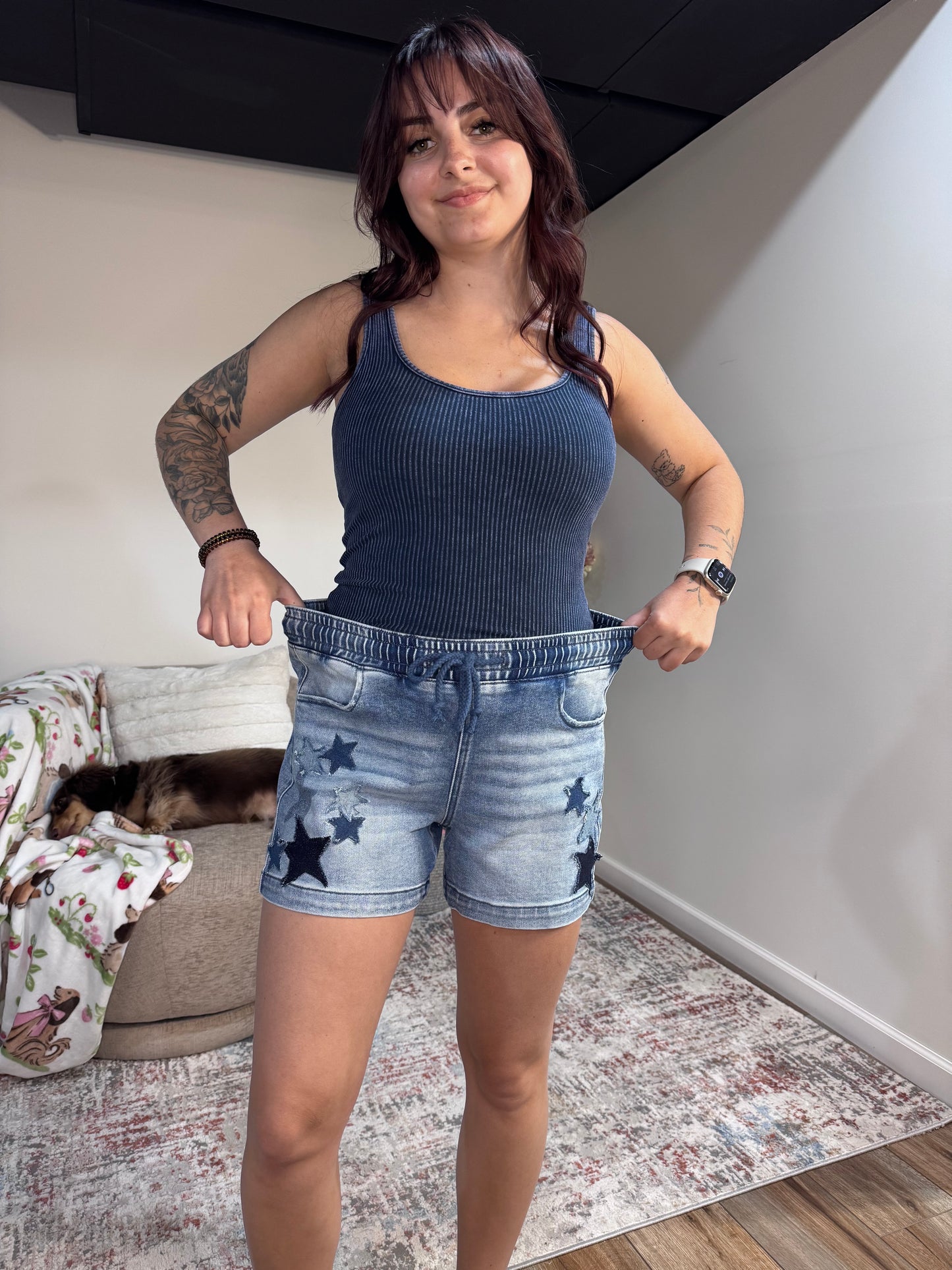 Slouchy denim shorts with star patch details and elastic drawstring waist