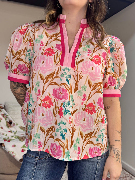 Pink Floral Puff Sleeve Contrast Trim Blouse