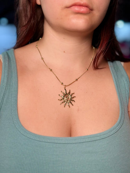 tarnish-free gold necklaces, waterproof jewelry, sun pendant necklace, dainty gold layering necklaces, hypoallergenic gold jewelry