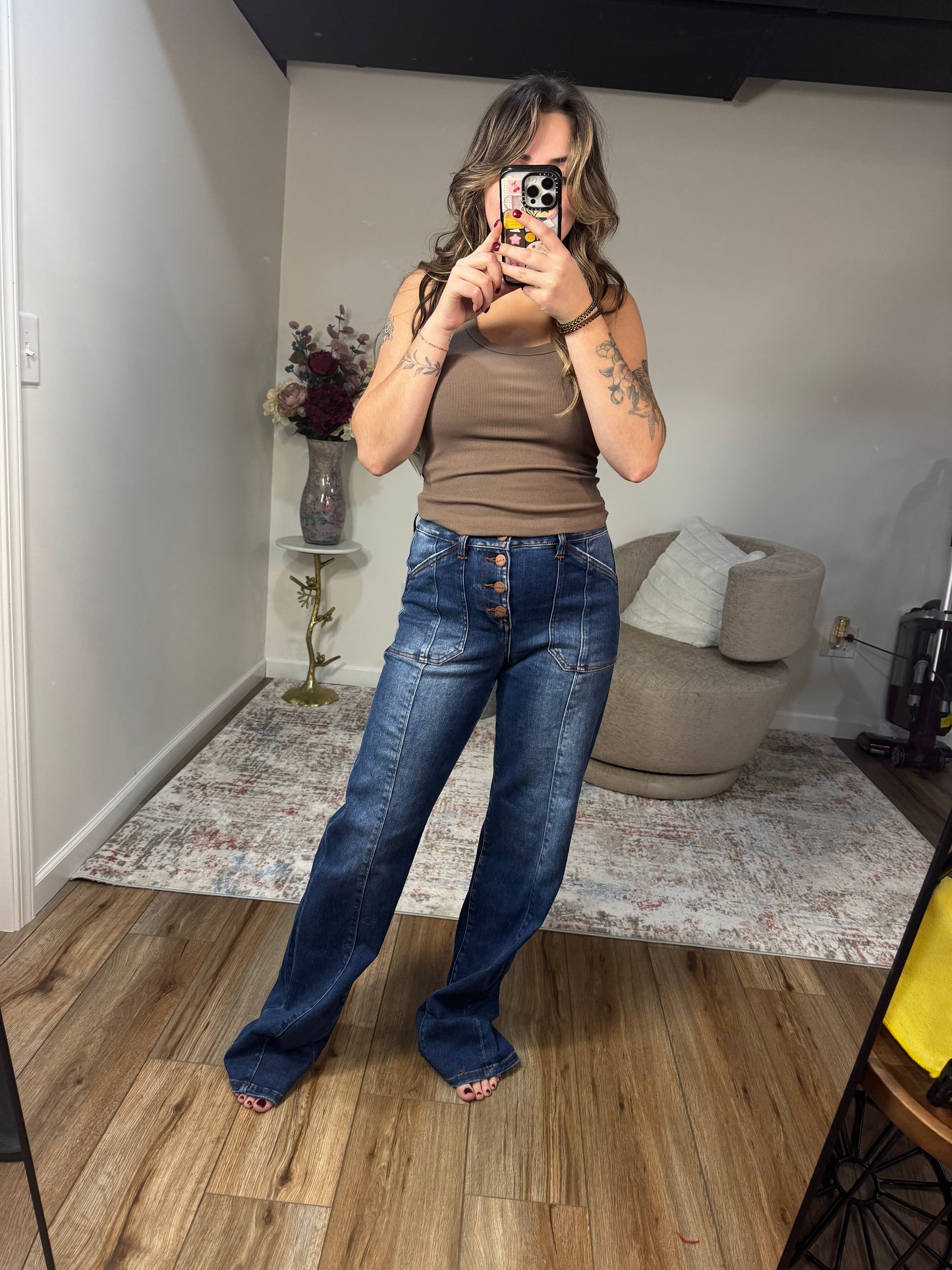 High Rise Wide Straight dark wash long inseam jeans 