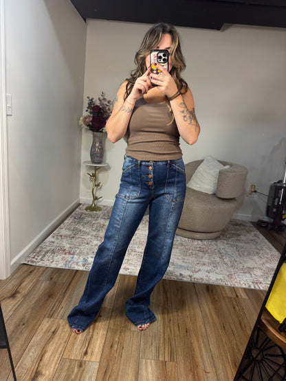 High Rise Wide Straight dark wash long inseam jeans 