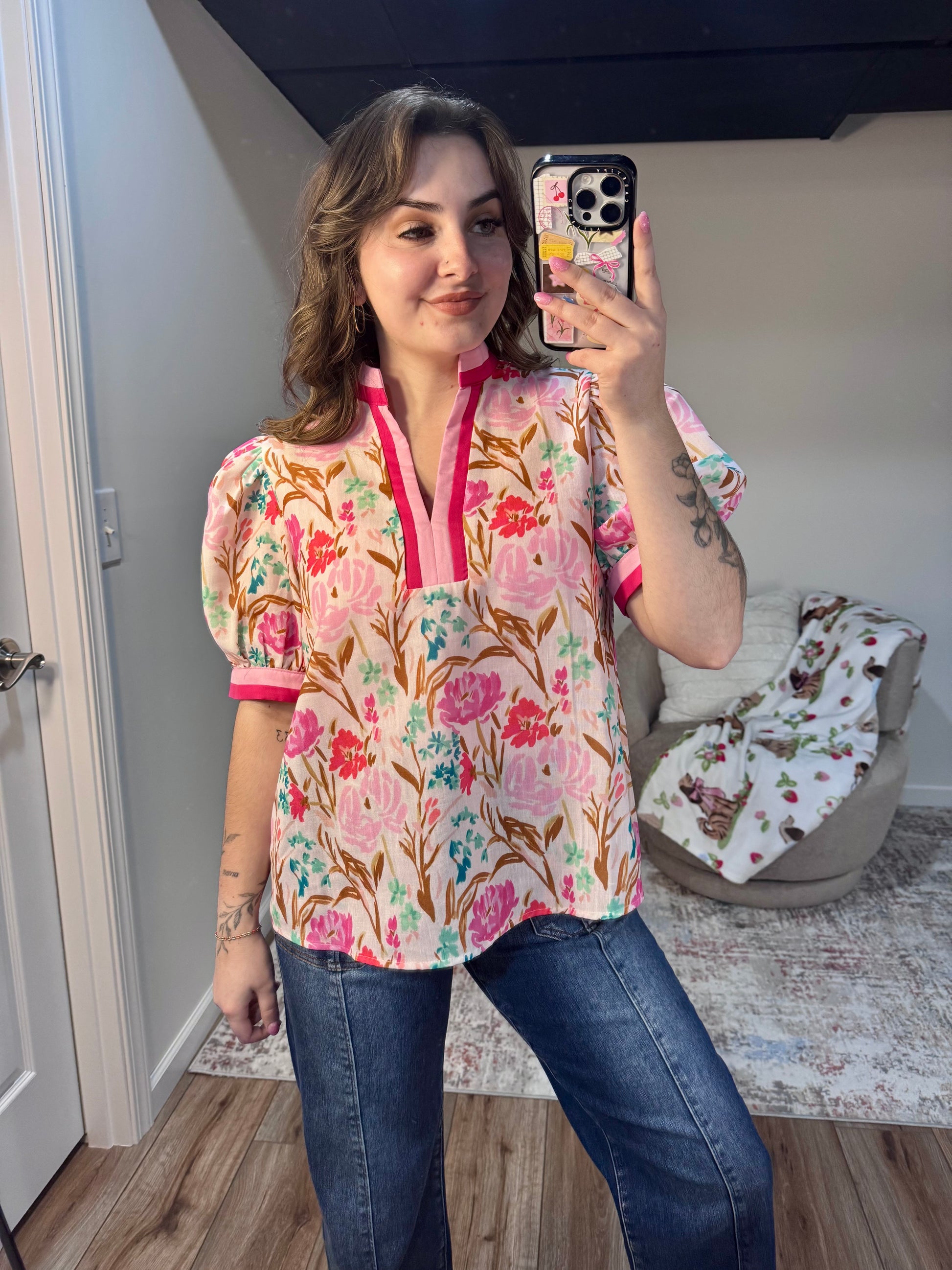 Pink Floral Puff Sleeve Contrast Trim Blouse