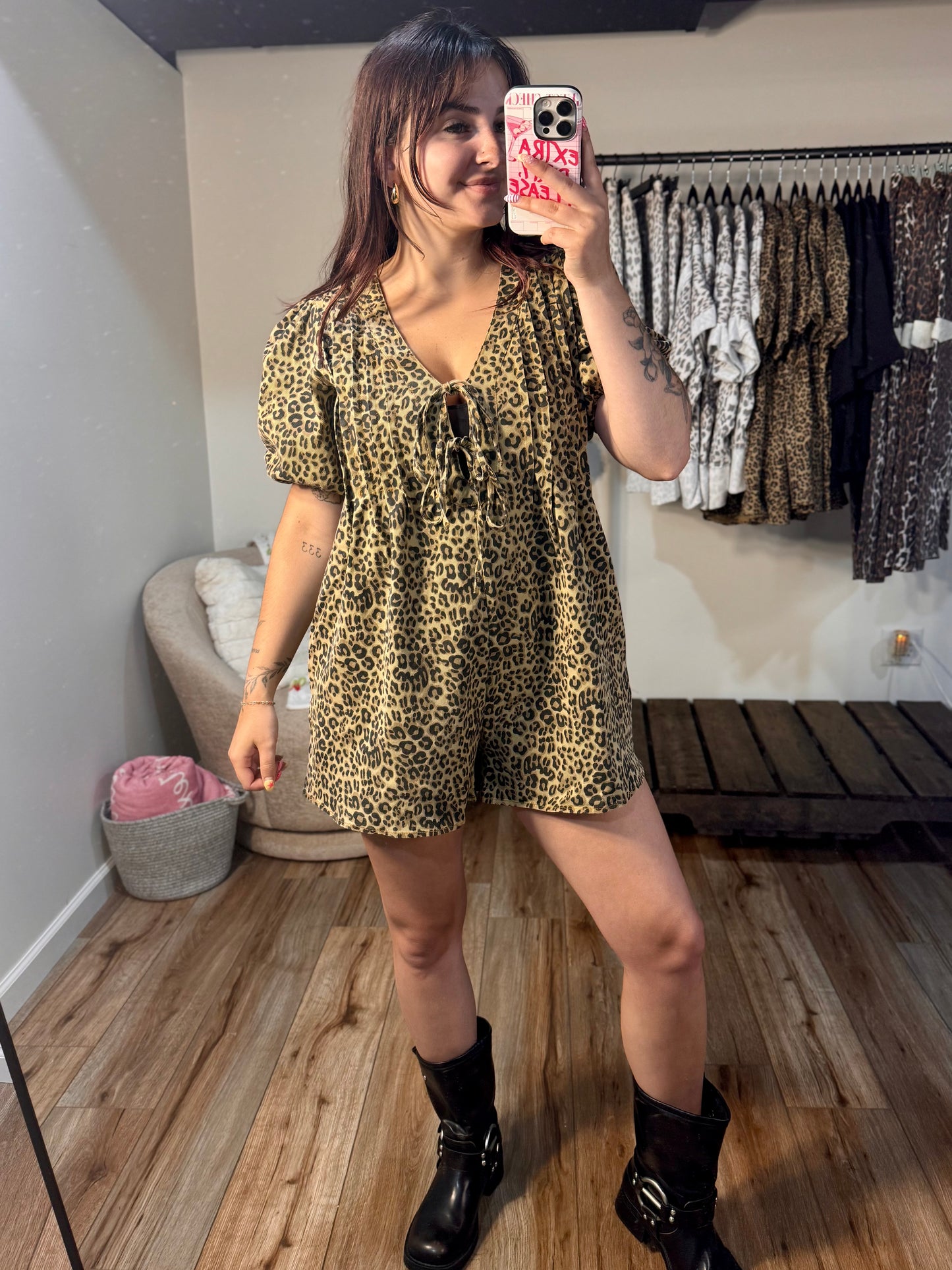 Leopard Print Denim Romper with Pleat and Tie
