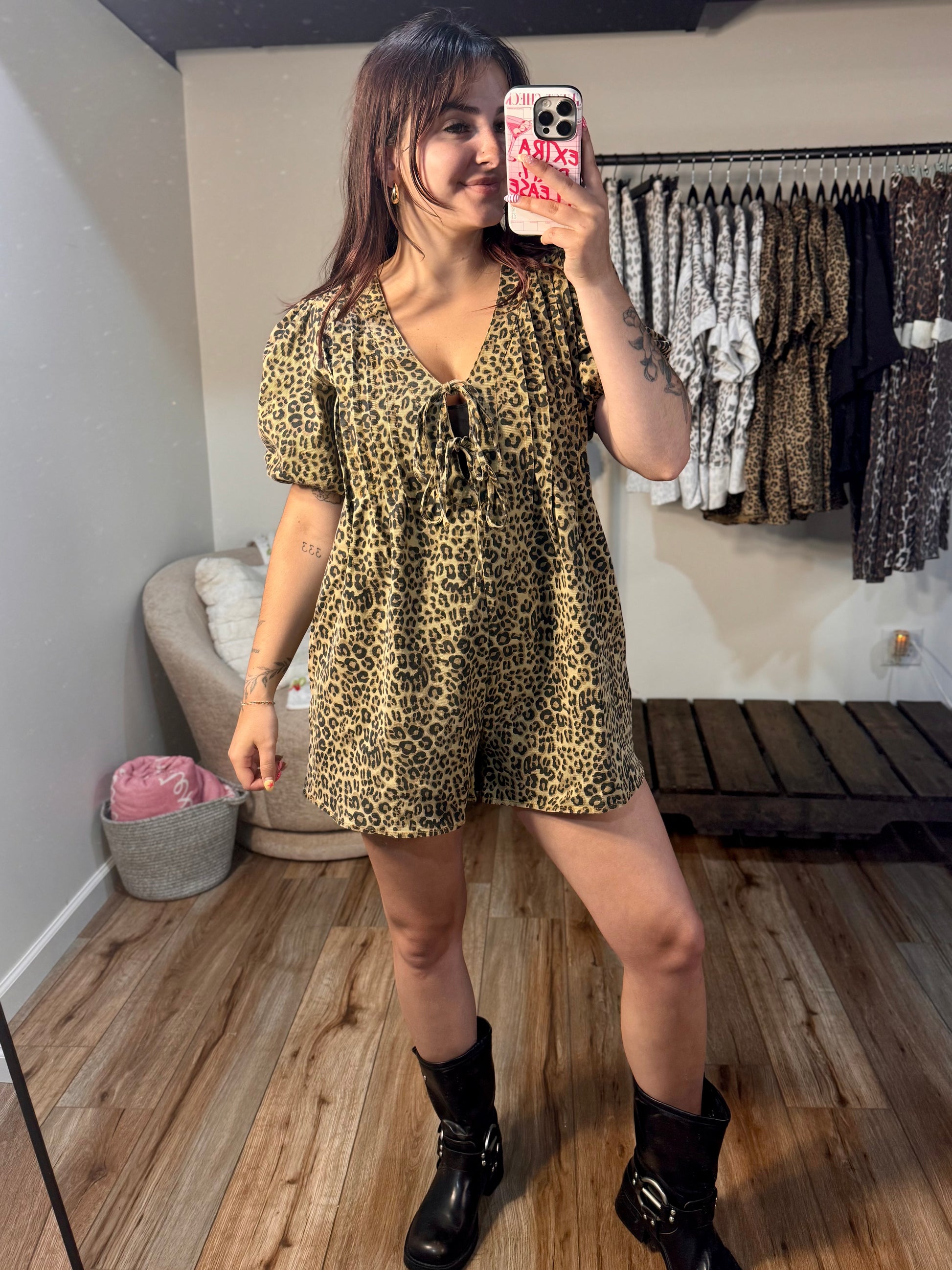 Leopard Print Denim Romper with Pleat and Tie