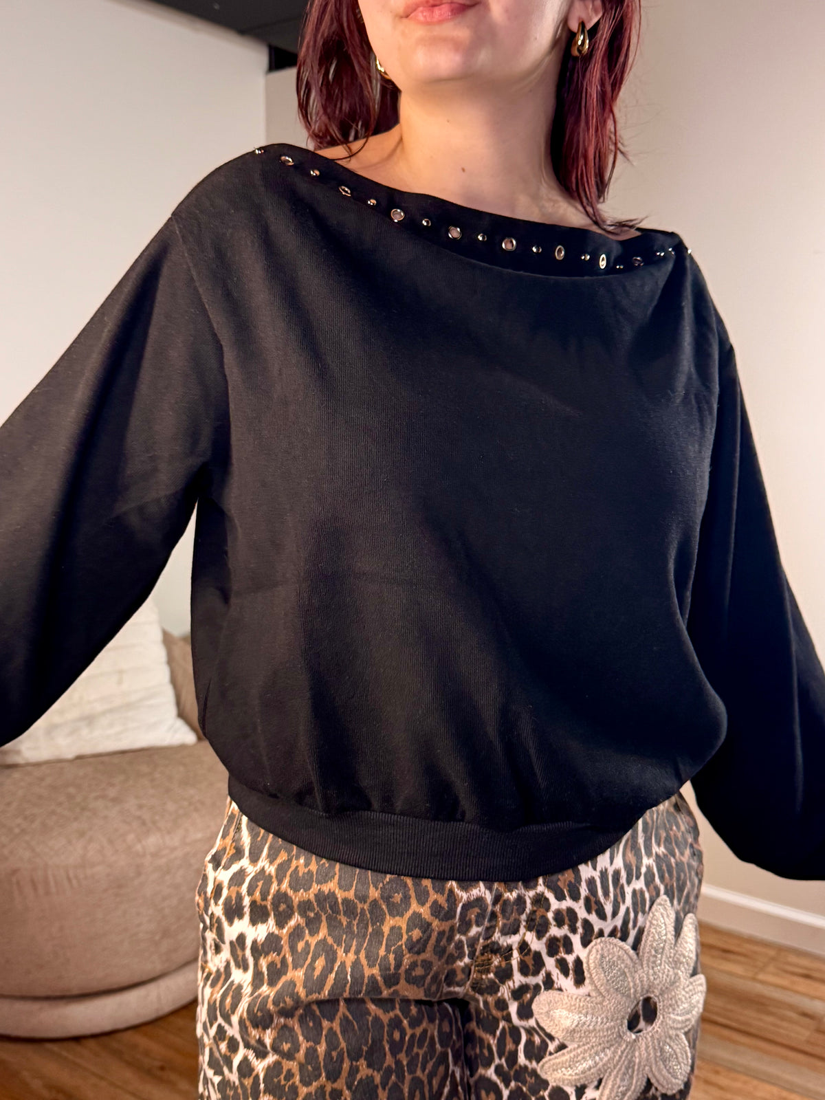 Rachelle Studded Boat Neck Sweatshirt, Black