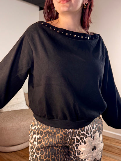 Rachelle Studded Boat Neck Sweatshirt, Black