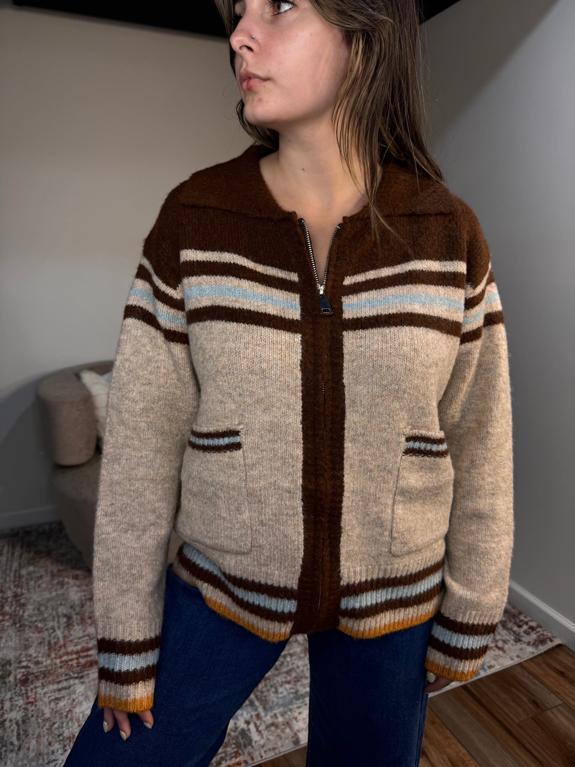 western graphic zipped cardigan chocolate fall fashion stripes