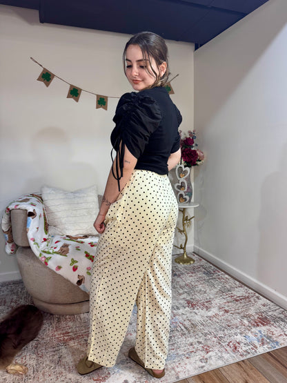 cream and black polka dot tie waist linen barrel spring womens' pants