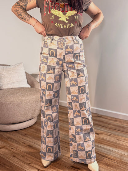 Wilder Checkerboard Wide Leg Denim Pants, Charcoal