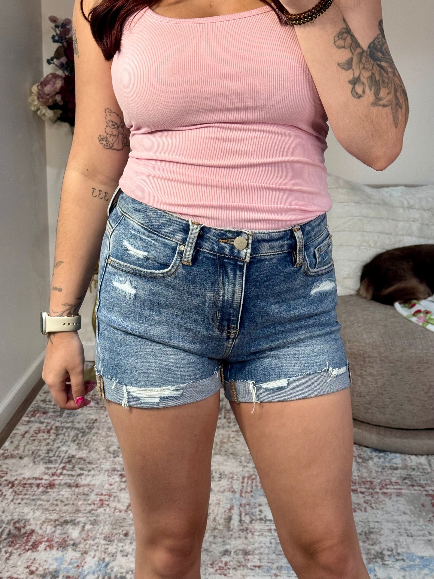 Mid Rise Cuffed Distressed Jean Shorts