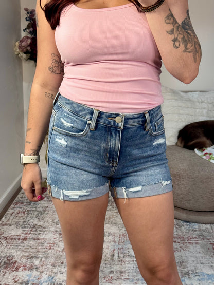 Mid Rise Cuffed Distressed Jean Shorts