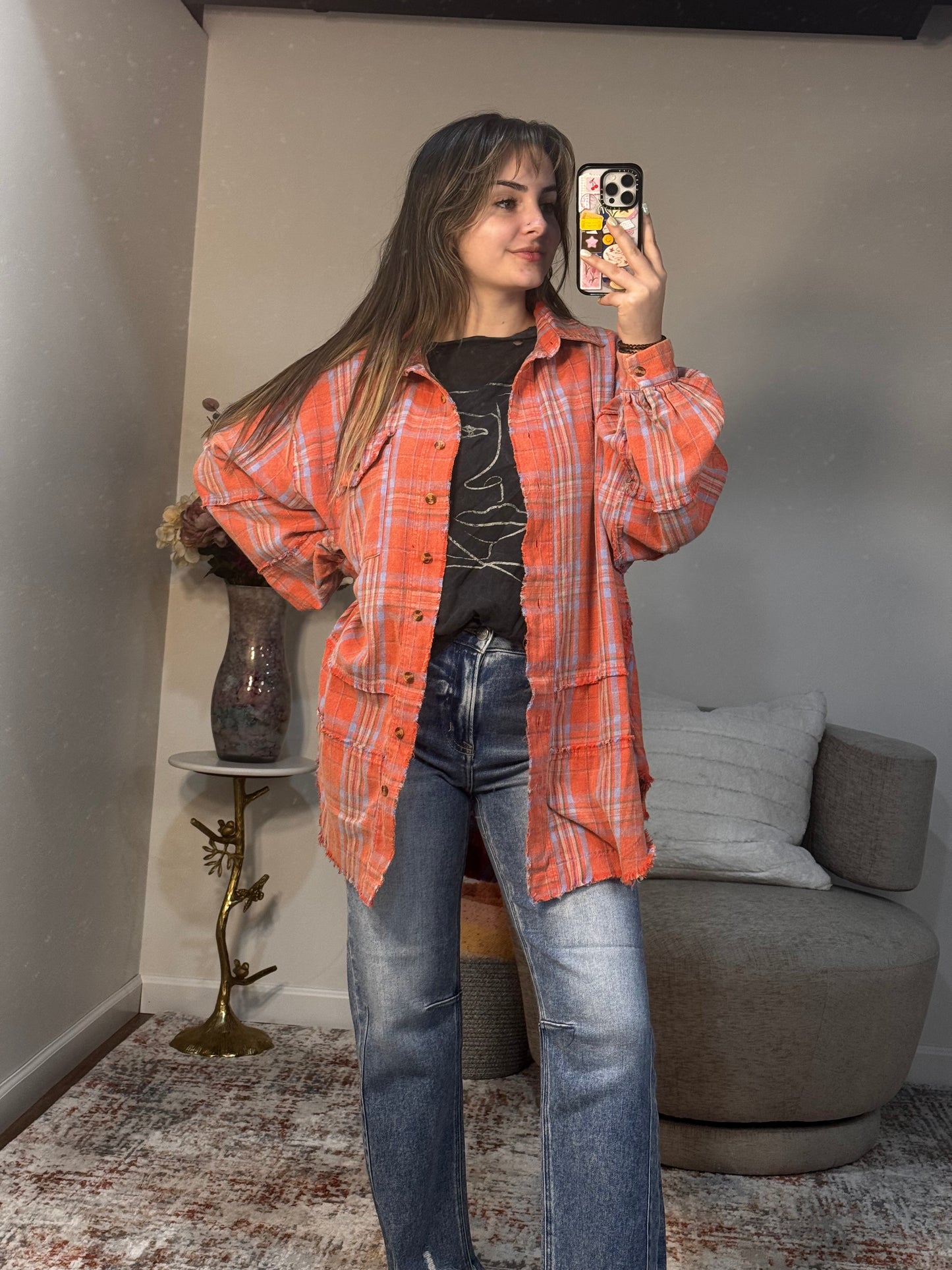 trendy oversized orange coral flannel fall