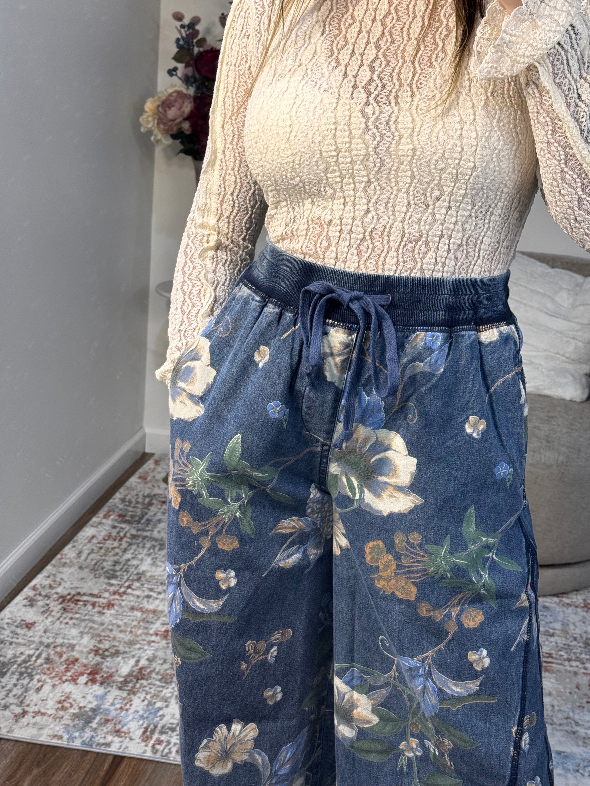 floral denim elastic waist wide leg