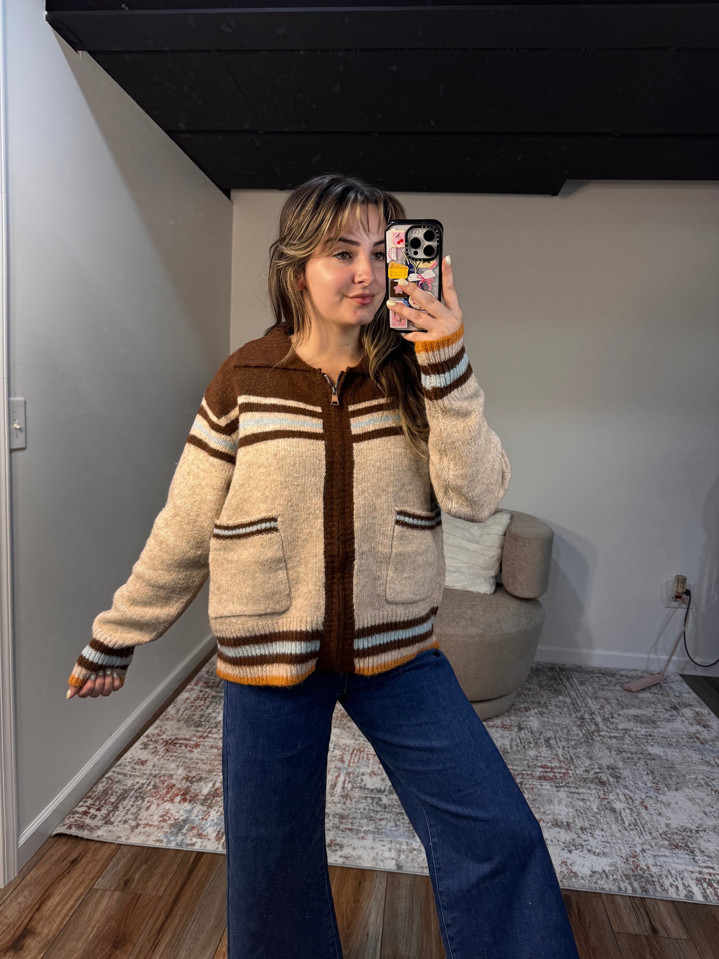 western graphic zipped cardigan chocolate fall fashion