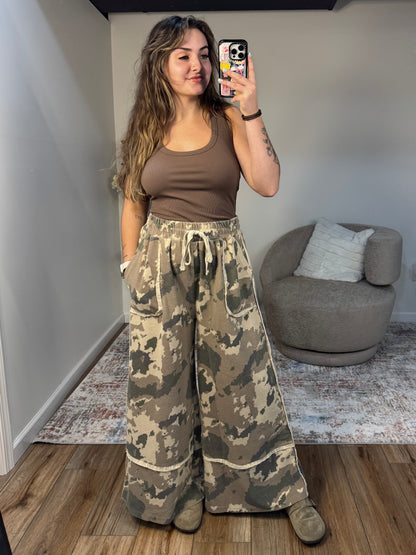 Kasey Camo Print Washed Terry Knit Pants