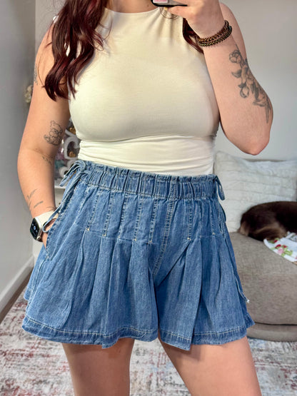 Paisley Pleated Denim Shorts with Elastic Waist