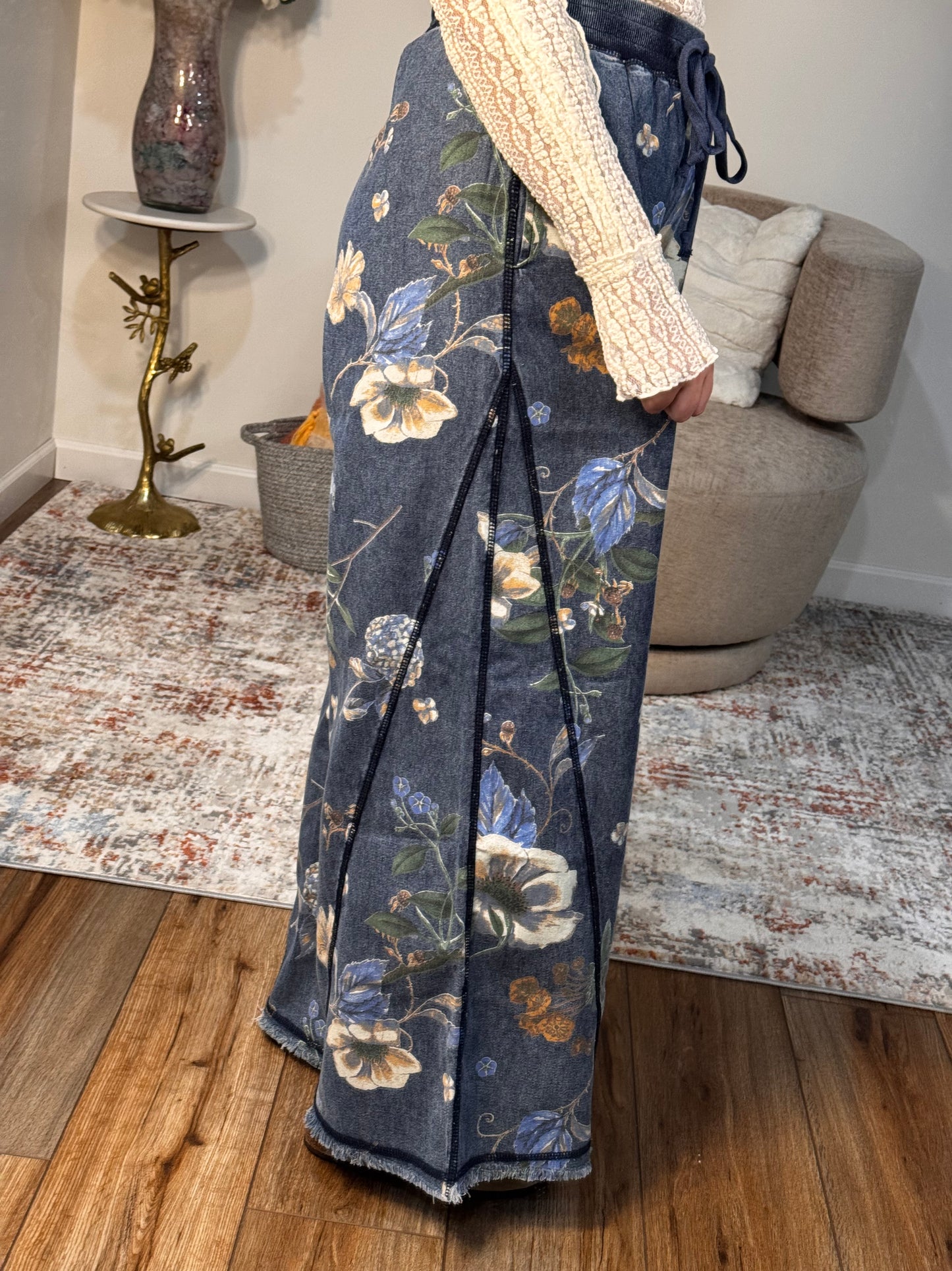 floral denim elastic waist wide leg