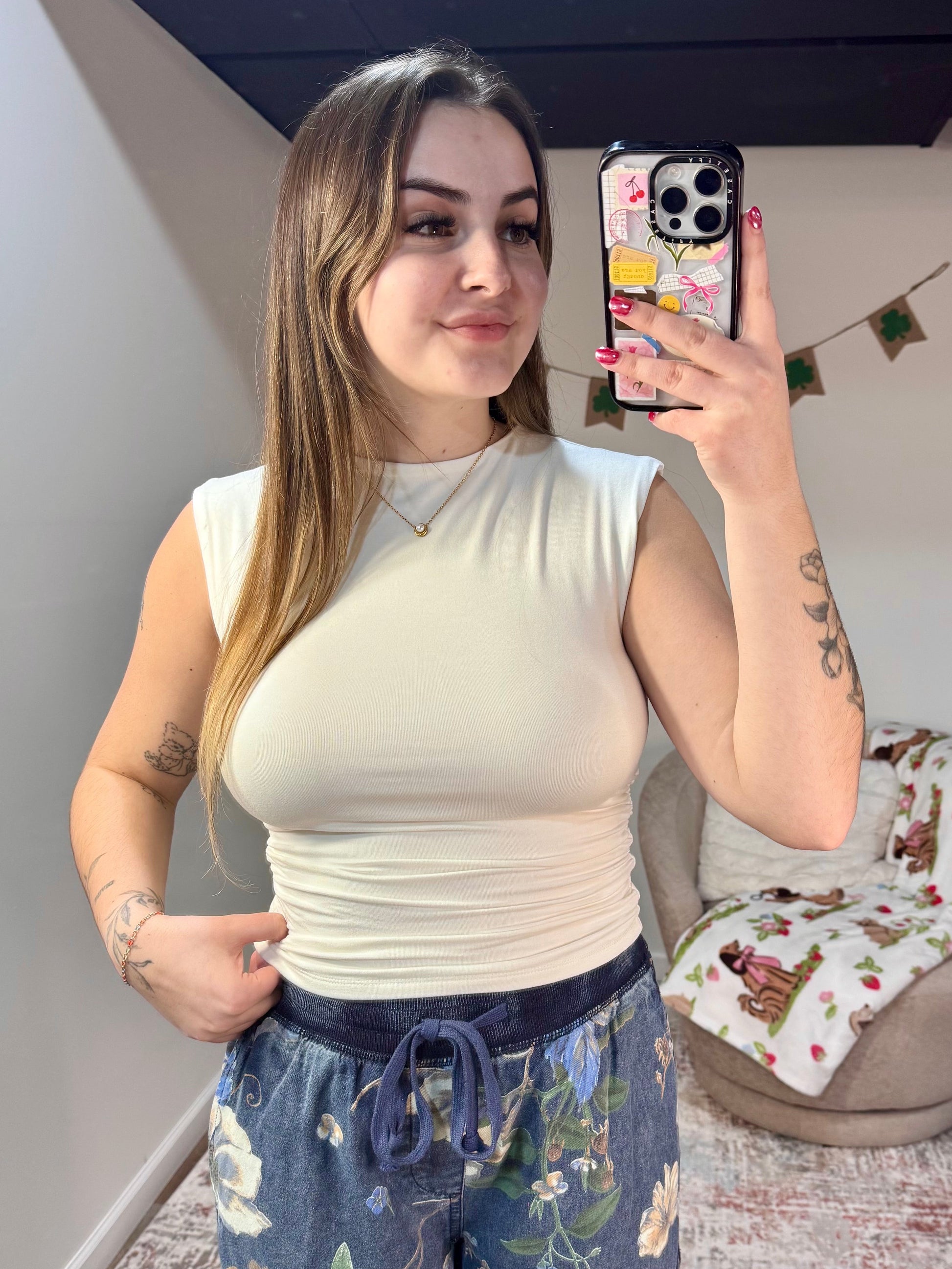 white ruched sleeveless summer women's top