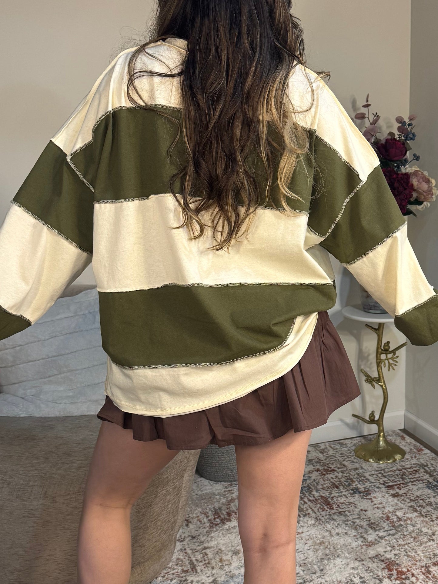 olive and cream striped rugby long sleeves contrast stitching panels