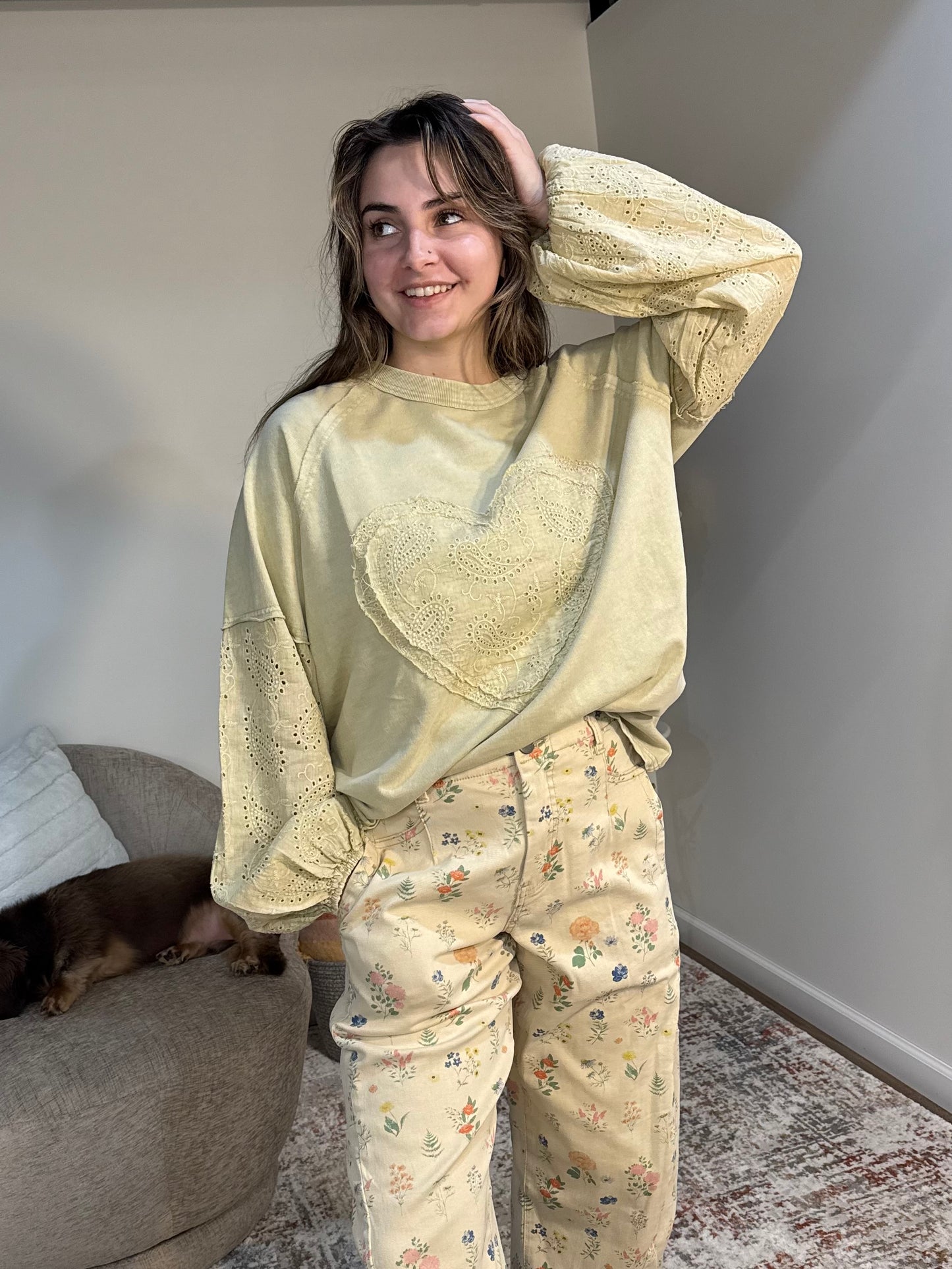 Lacie Eyelet Sleeve Heart Patch Top