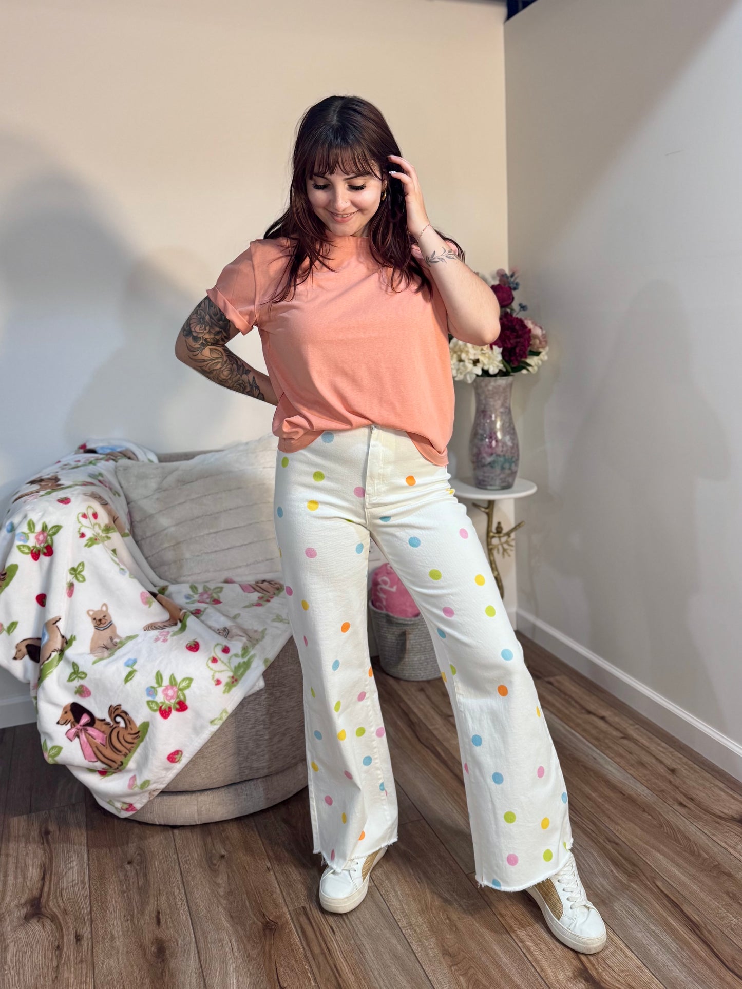 COMFORT STRETCH PASTEL POLKA DOT WIDE LEG JEANS