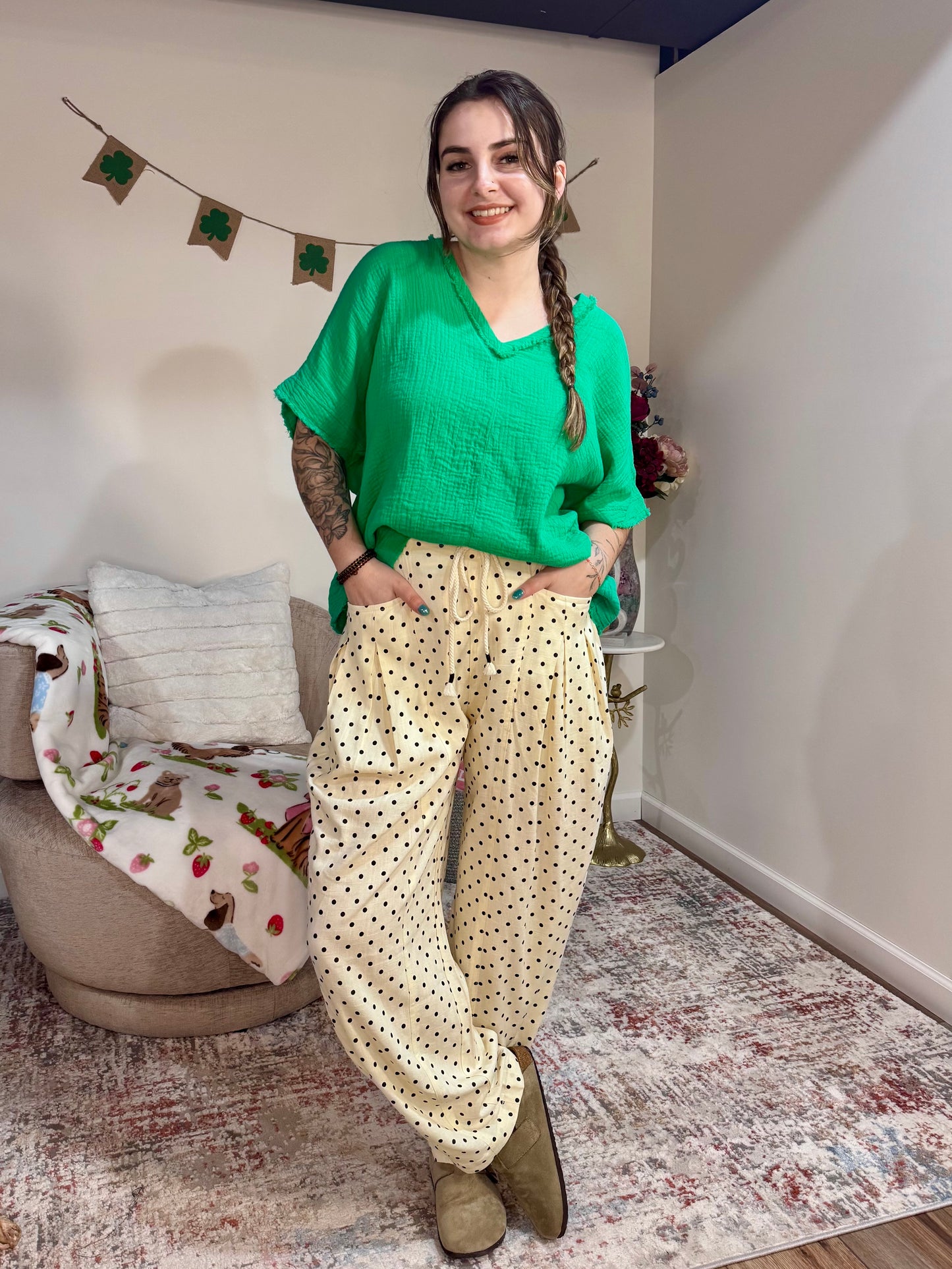 cream and black polka dot tie waist linen barrel spring womens' pants