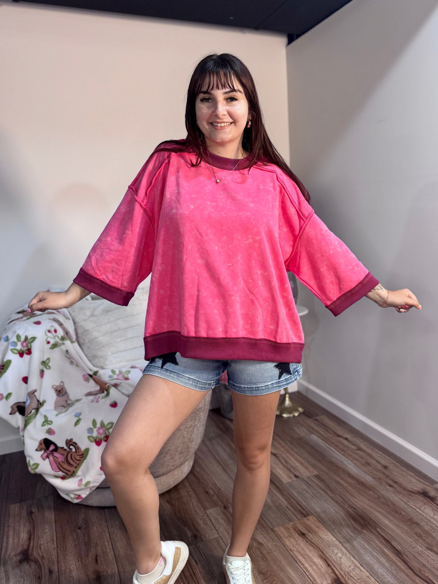 pink oversized washed Terry knit sweatshirt top