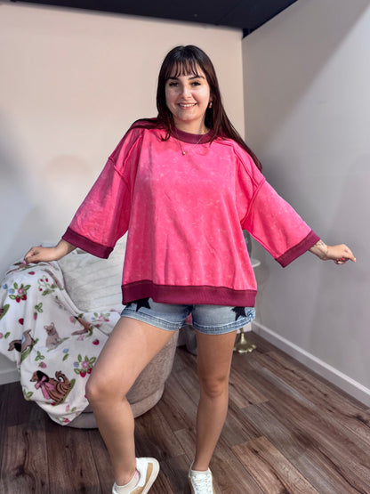 pink oversized washed Terry knit sweatshirt top