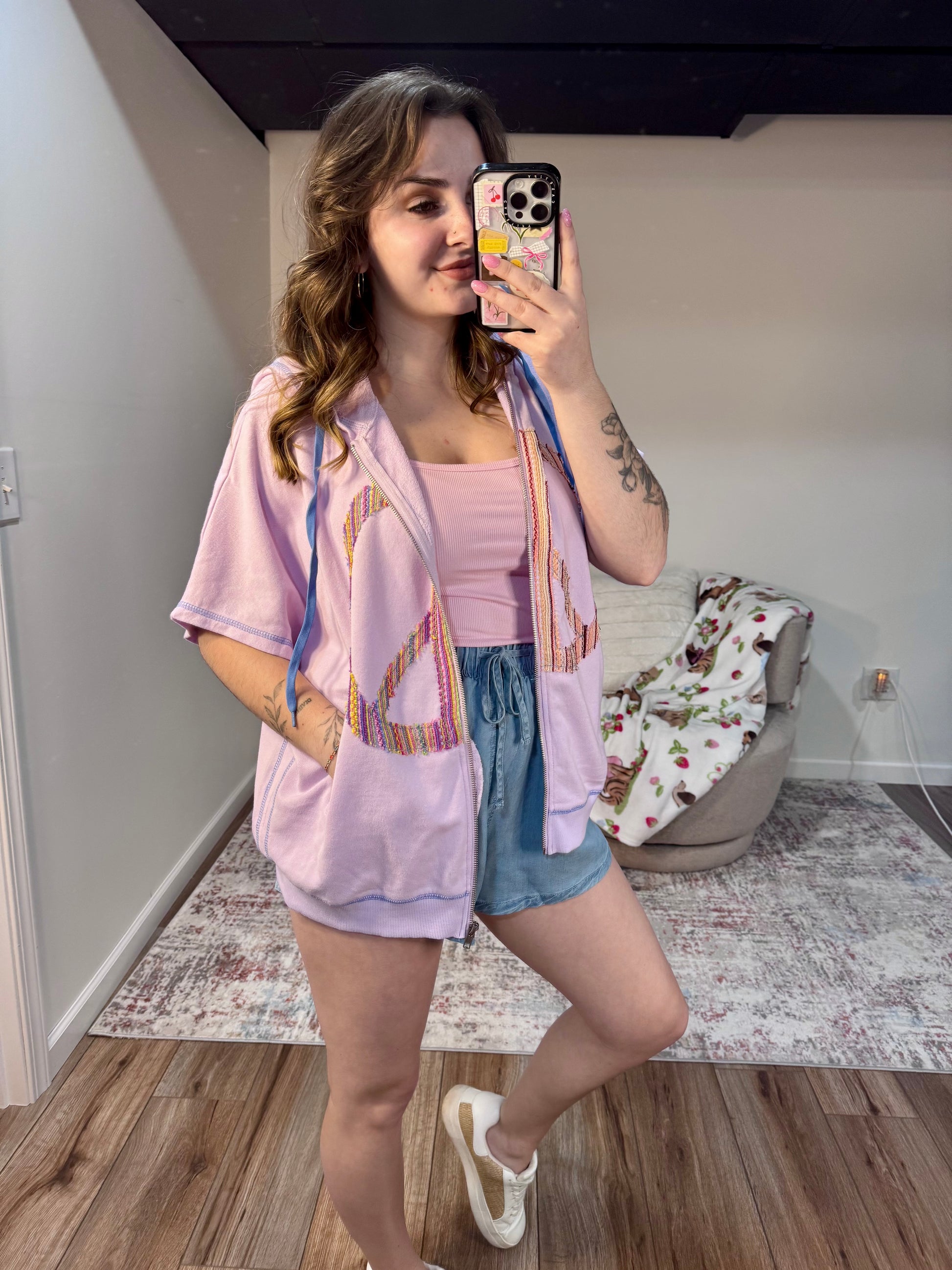 Light Purple Peace  Patch Zip Up Short Sleeve Hoodie