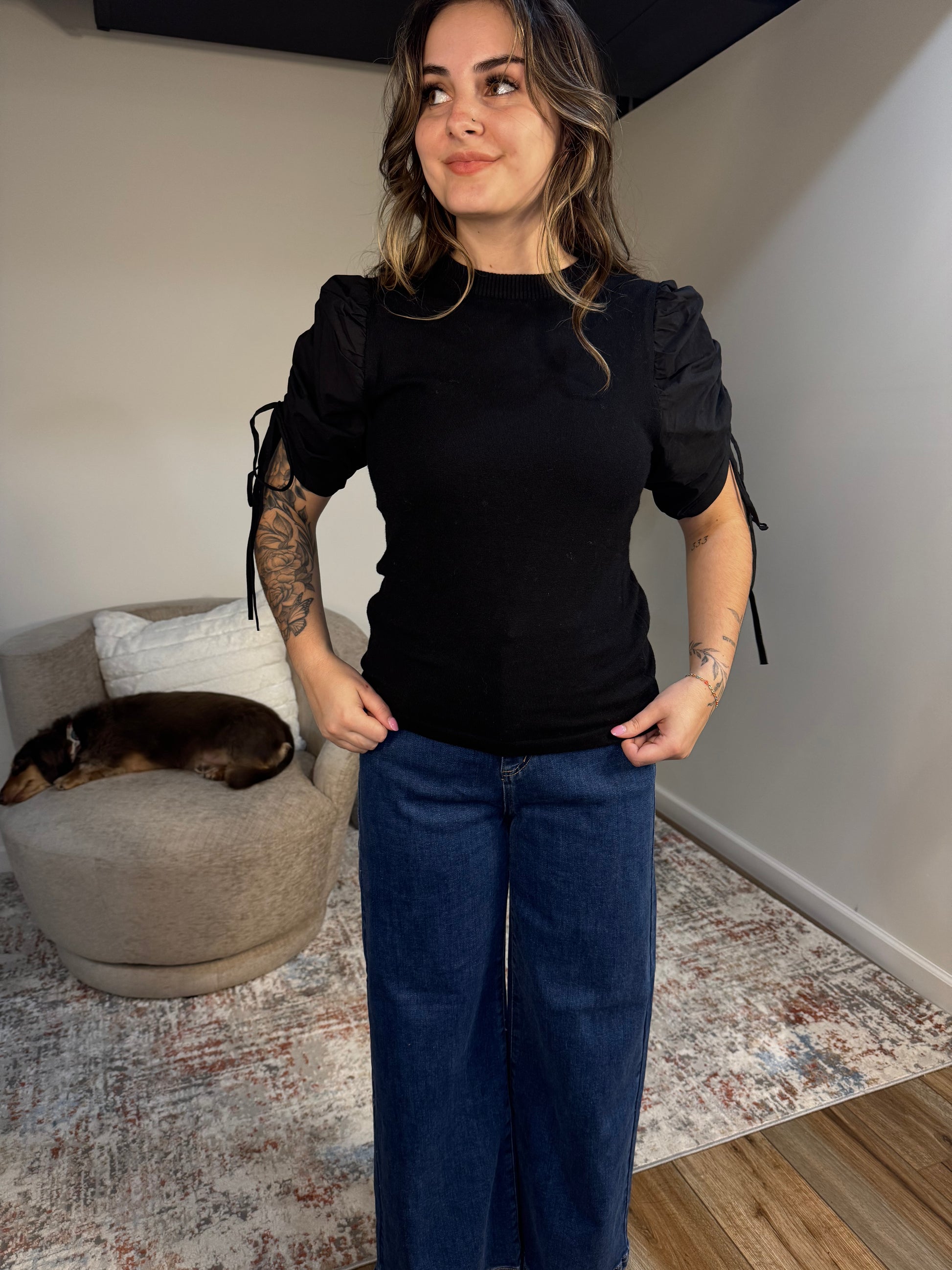 black mixed media sweater ruched puff sleeve 