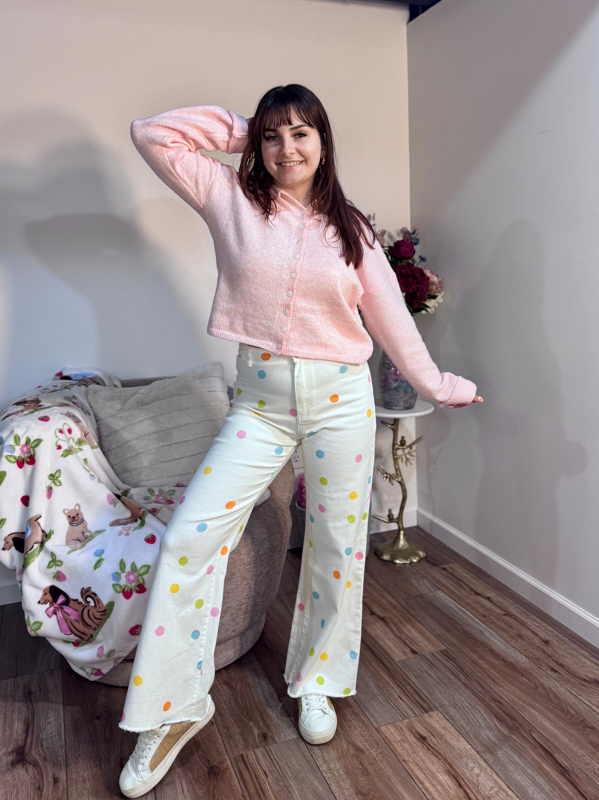 COMFORT STRETCH PASTEL POLKA DOT WIDE LEG JEANS