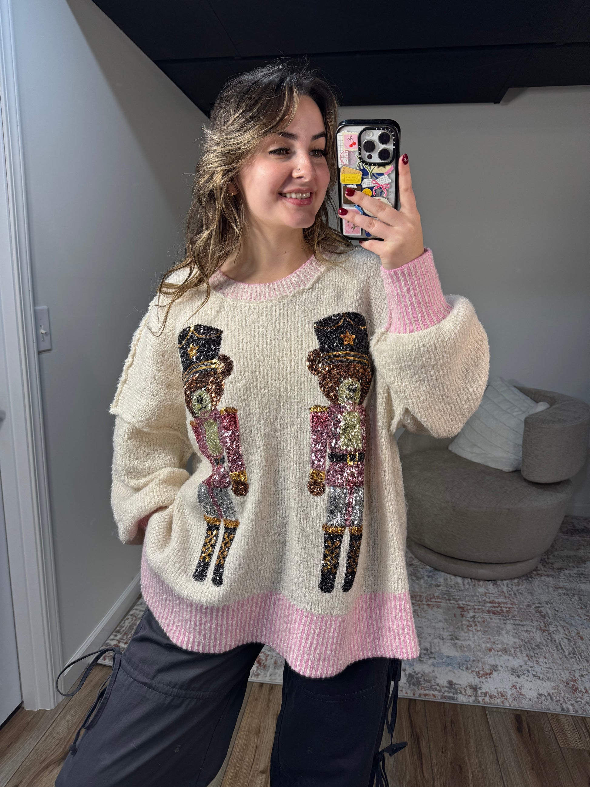 cream teddy bear sequin sweater pink slub knit christmas nutcracker