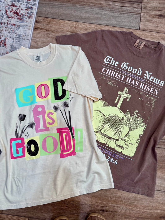 faith based graphic t-shirts "god is good" and "christ has risen" 