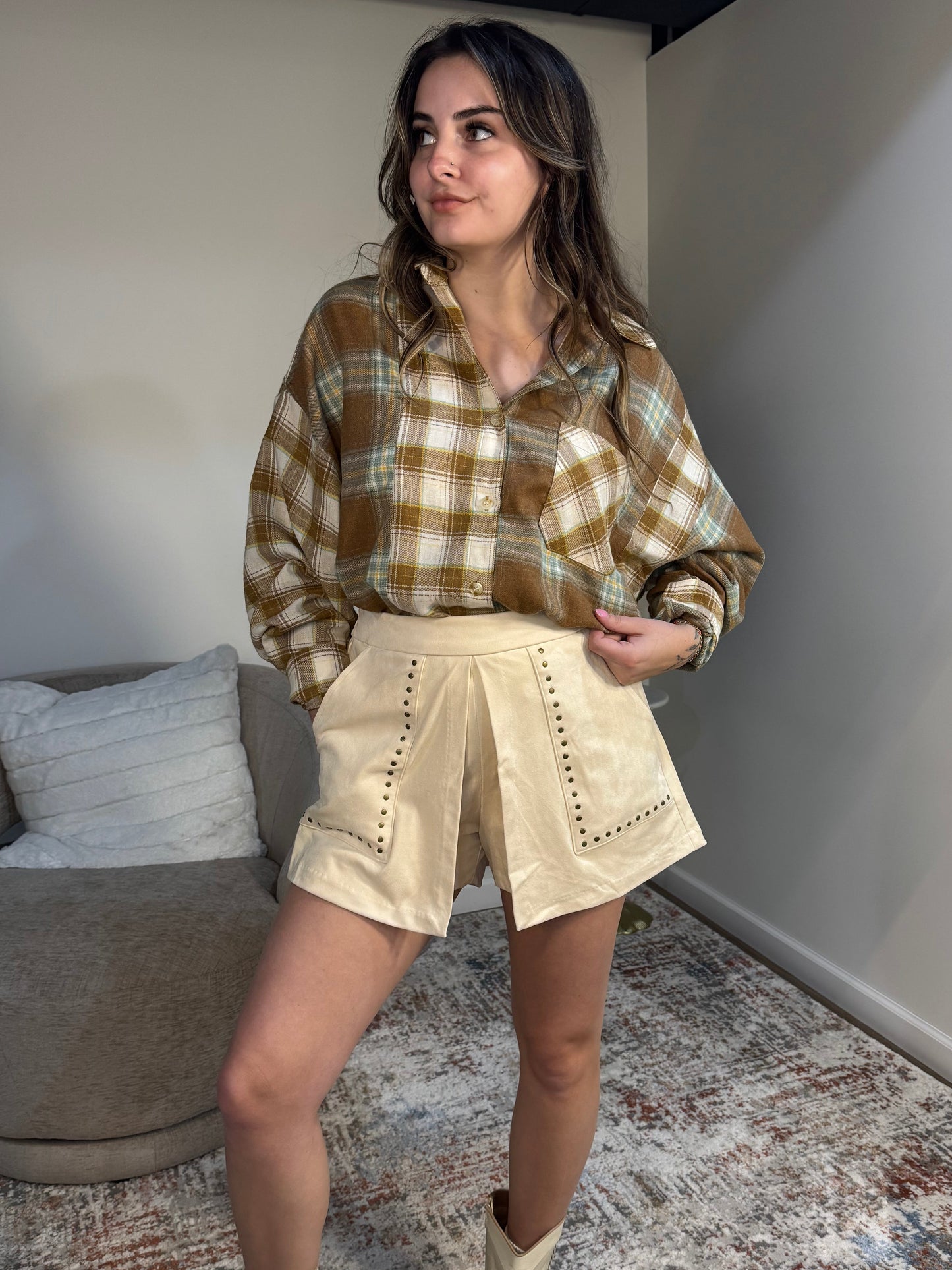 sage brown patchwork flannel shirt 