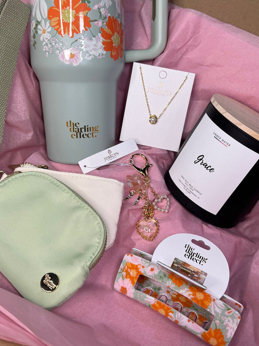 Sage Green gift set, tumbler, soy candle, wristlet, purse charm