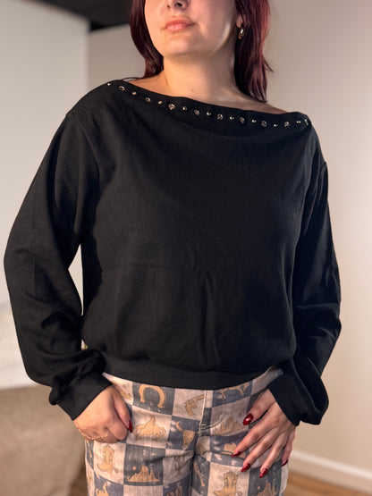 Rachelle Studded Boat Neck Sweatshirt, Black