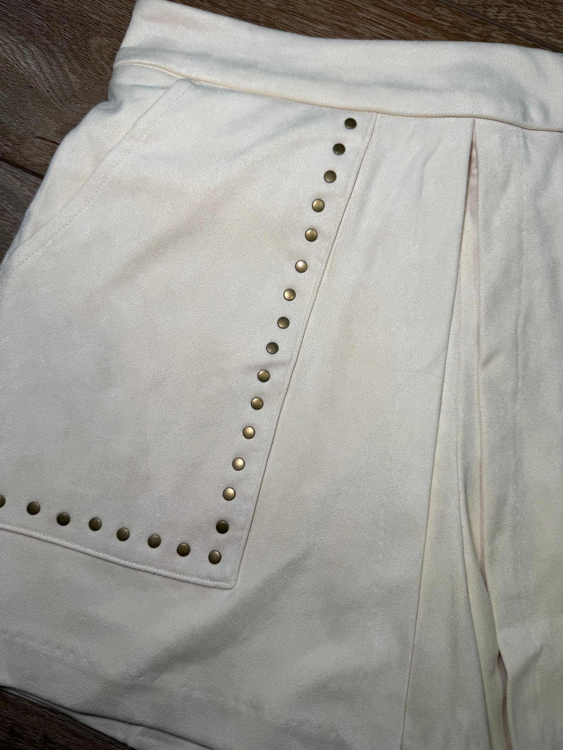 cream suede studded skort with pockets