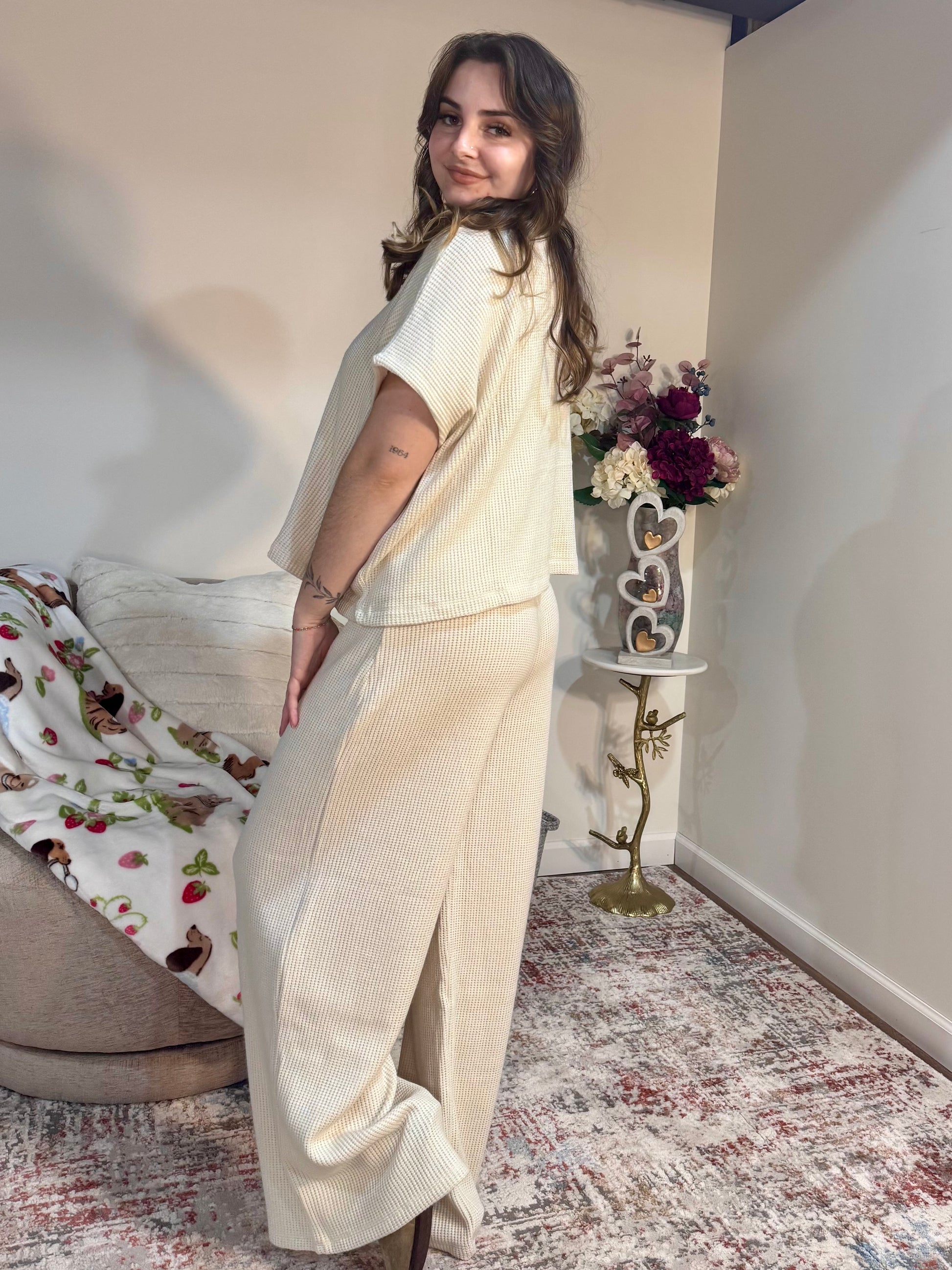 Matching Knit Cream wide leg Lounge Set 