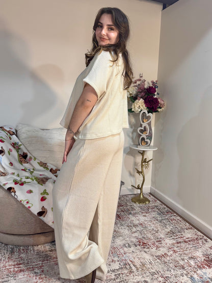 Matching Knit Cream wide leg Lounge Set 